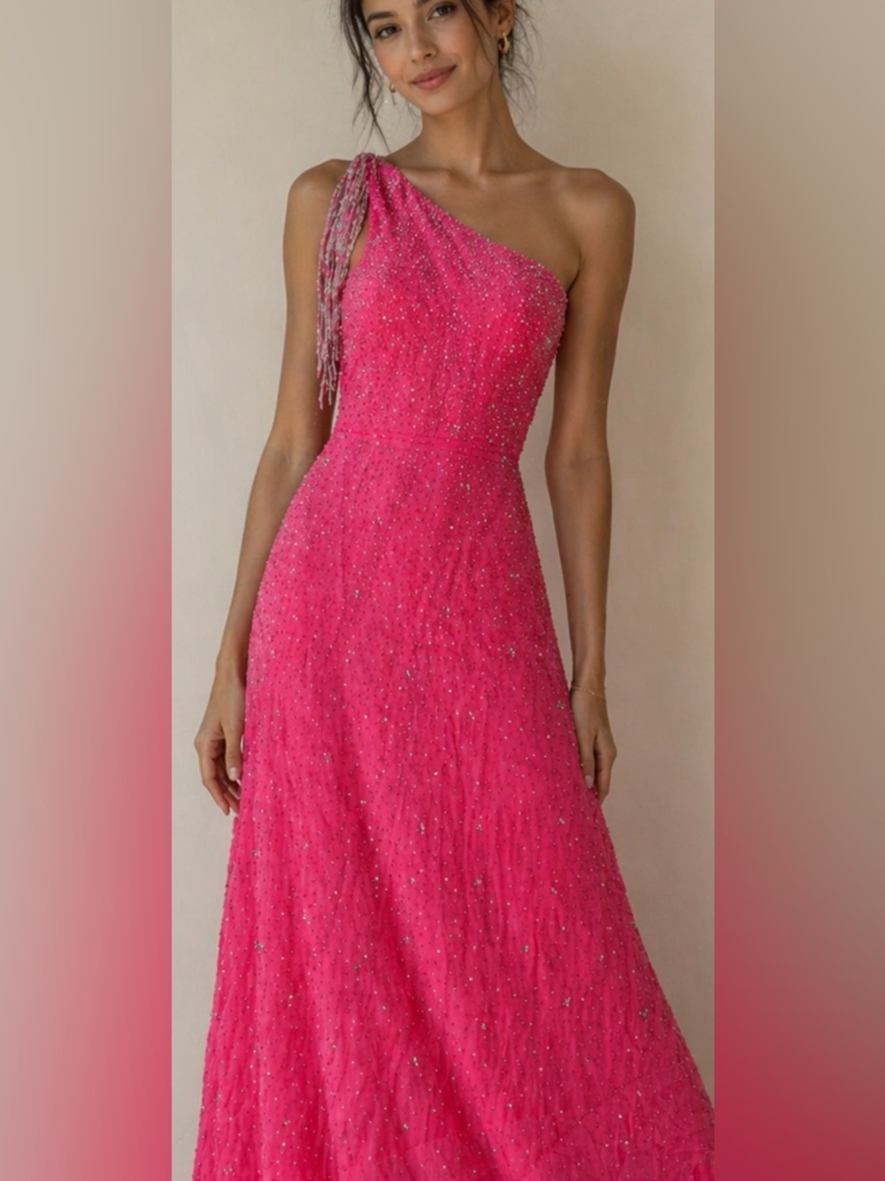 One-Shoulder Beaded Dress in Fuchsia Pink